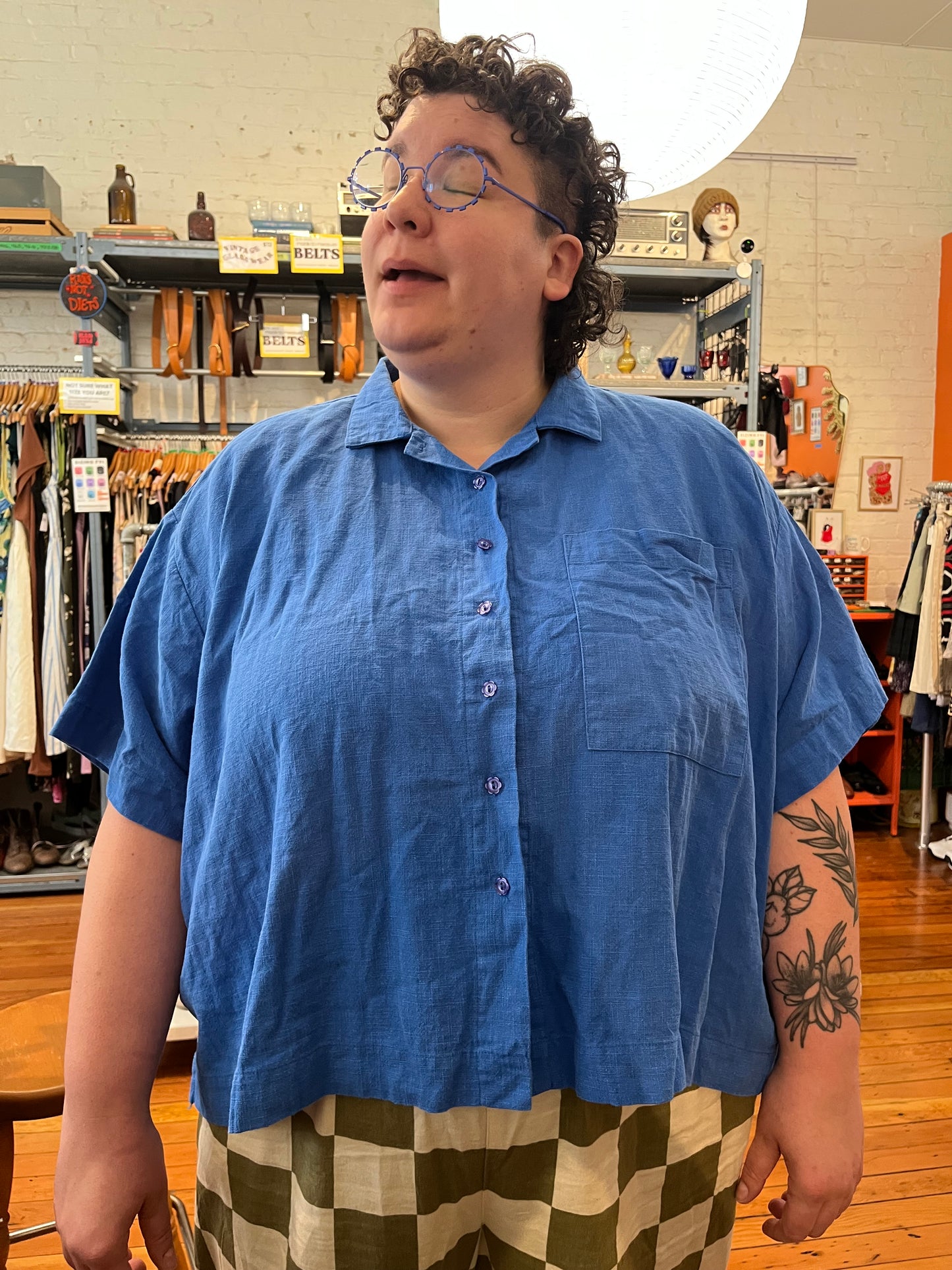 size OS+ cobalt LINEN Nettles Studio top - button up