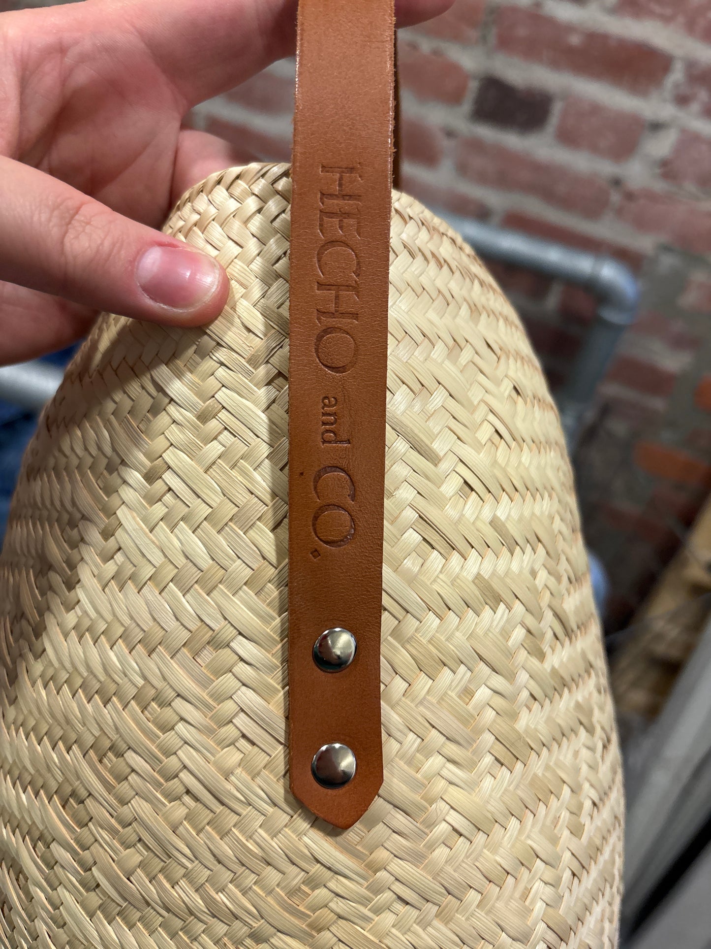 o/s light palm and leather Hecho and Co sling tote
