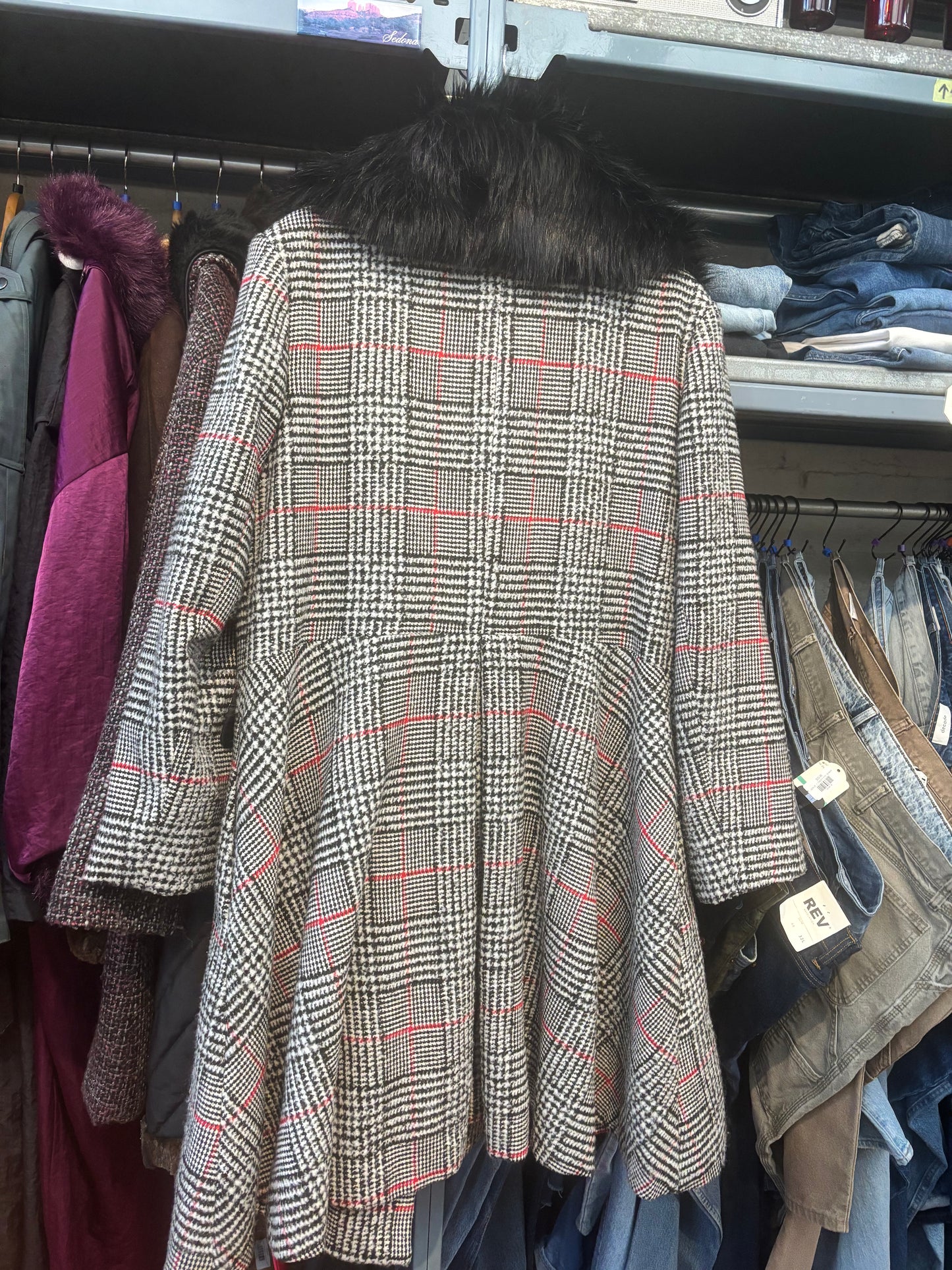size UK22 black white with red houndstooth Hell Bunny jacket - long