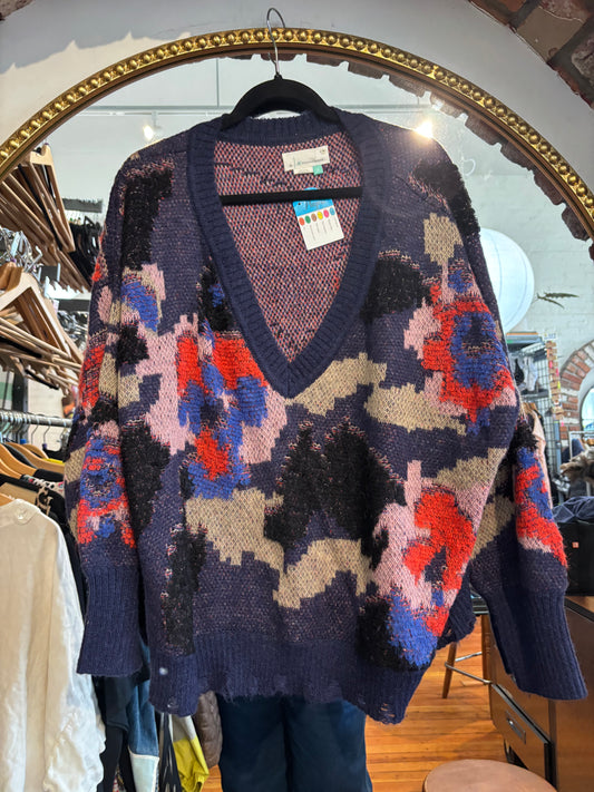 size 2X blue with red knit Anthropologie  cardigan - boxy