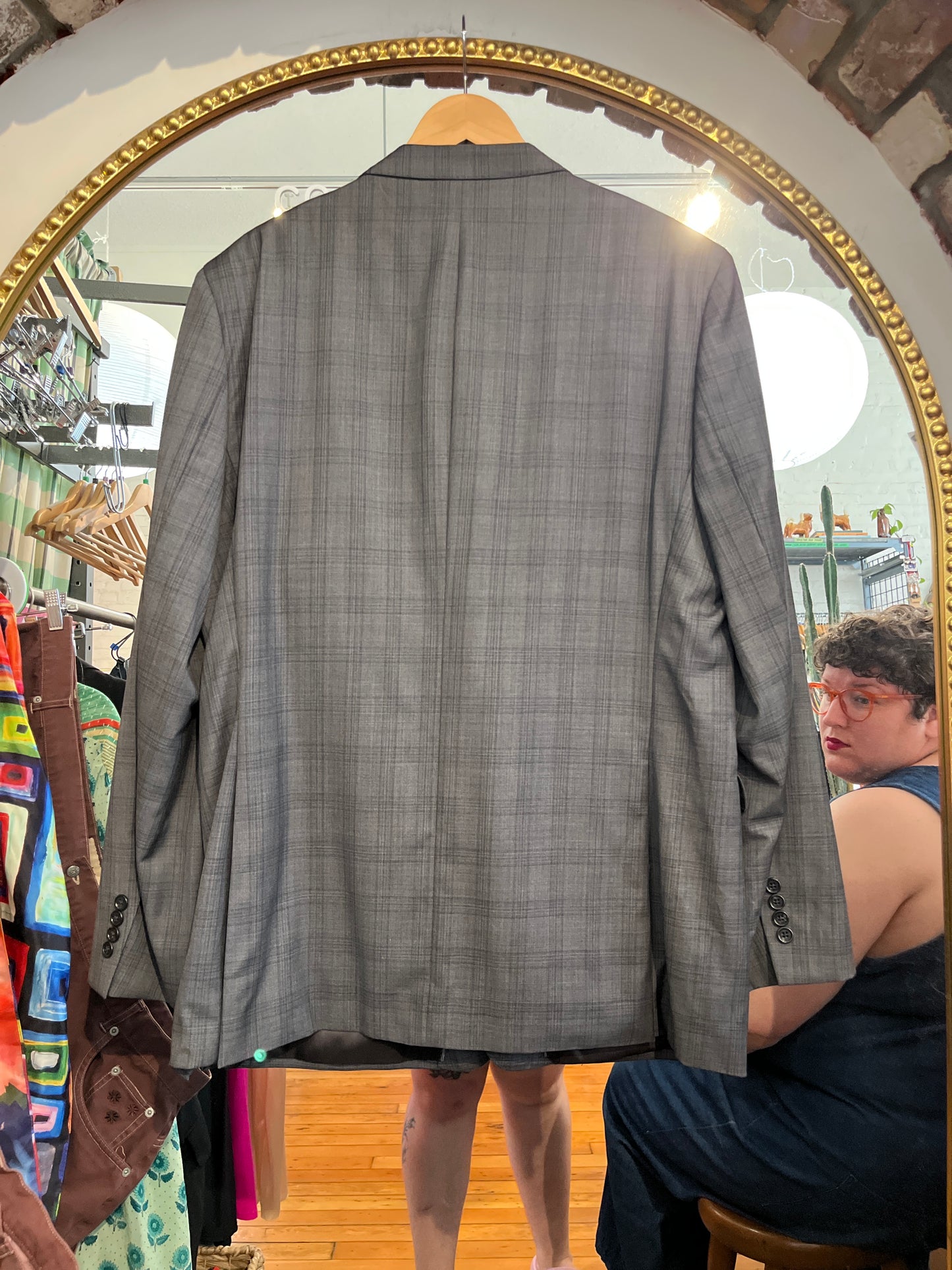 size 46 long grey plaid wool Moores Talia blazer sportscoat