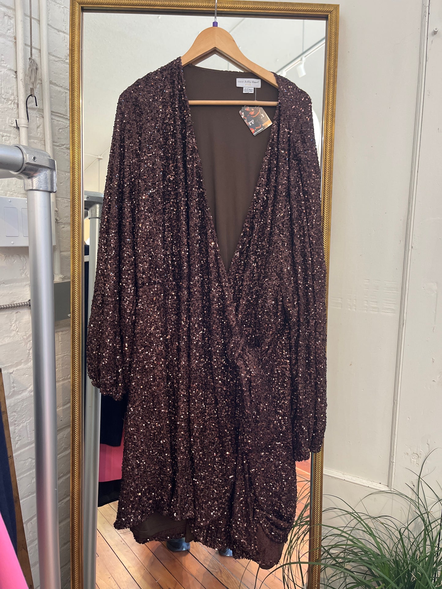 Never Fully Dressed brown sequinned wrap style dress US 24