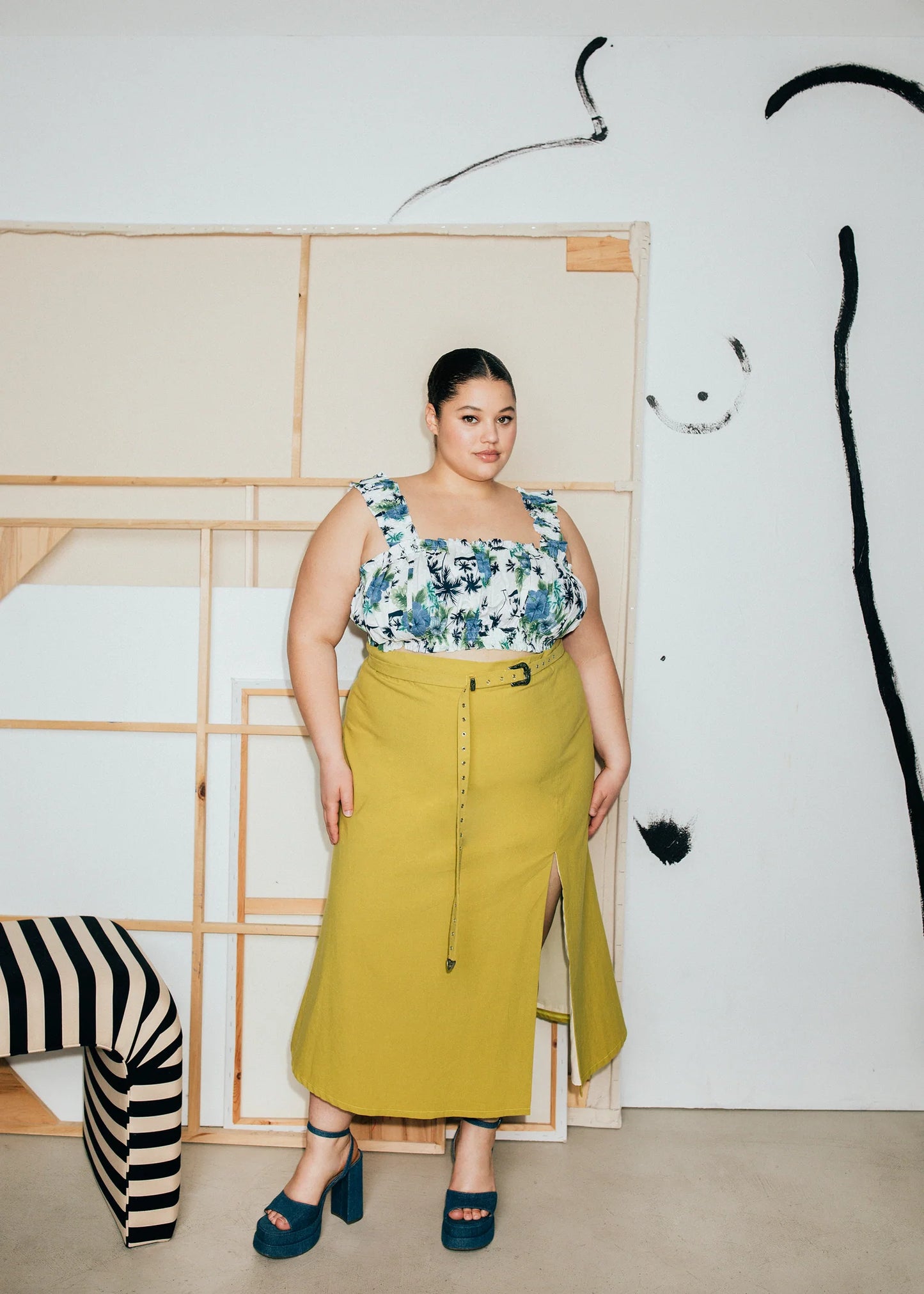 NEW Hilary Macmillan Chartreuse Belted A-Line Skirt