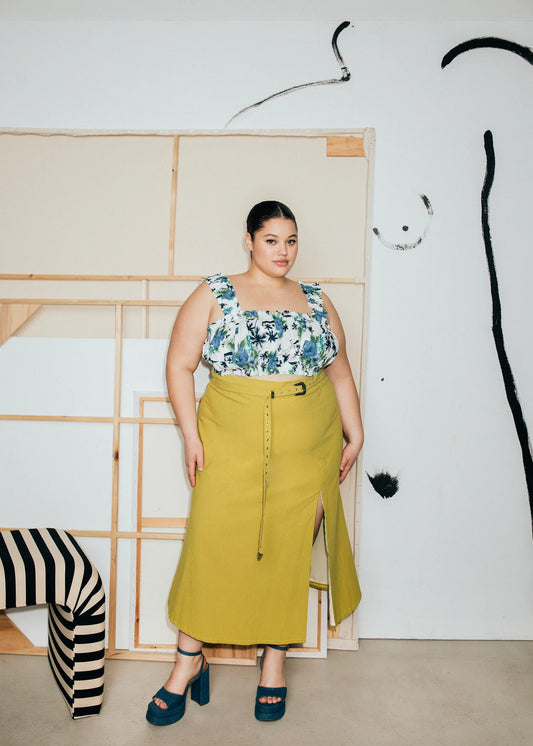 NEW Hilary Macmillan Chartreuse Belted A-Line Skirt