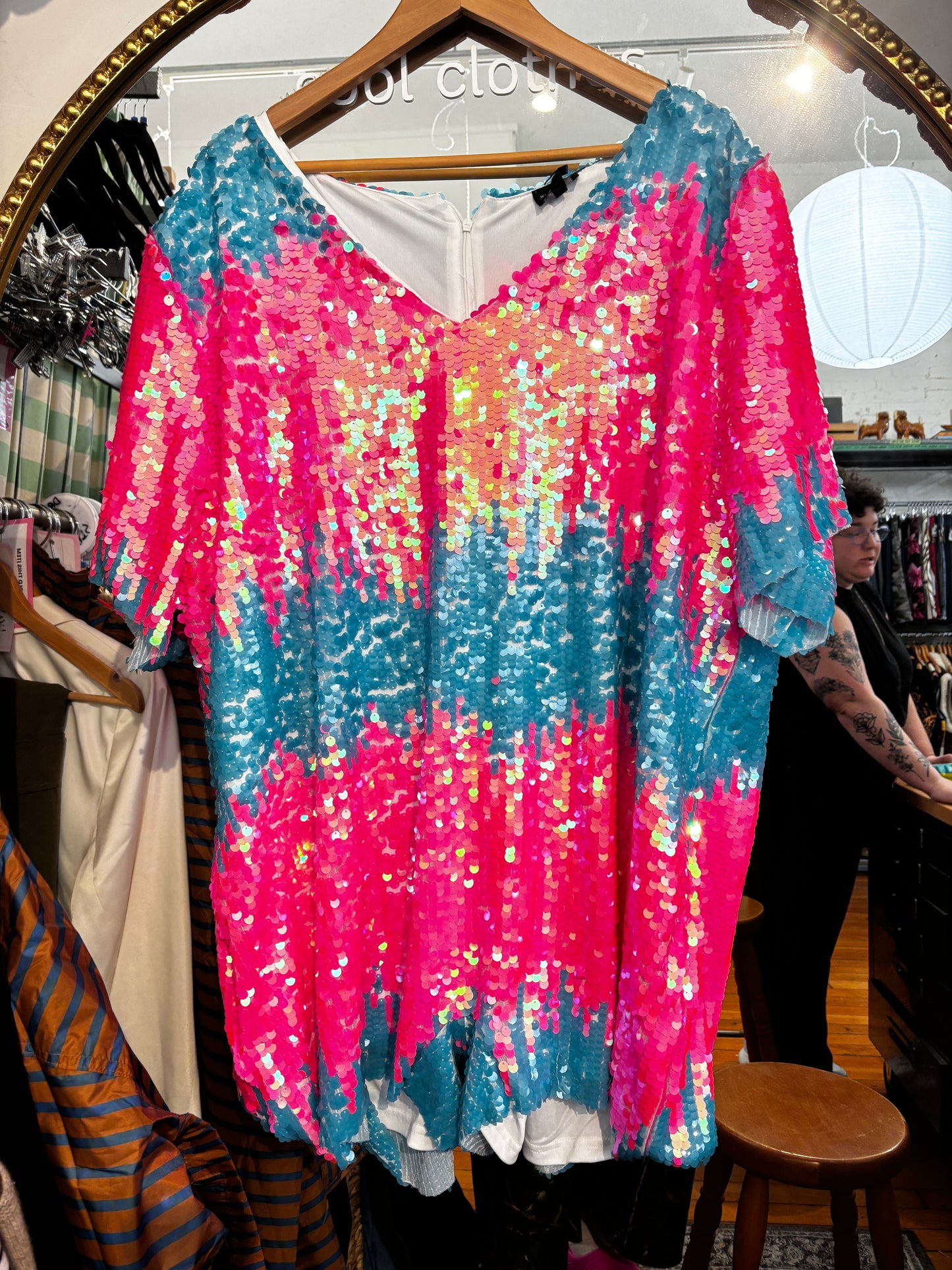 size 5X (small) pink blue sequins XPlusWear dress - boxy
