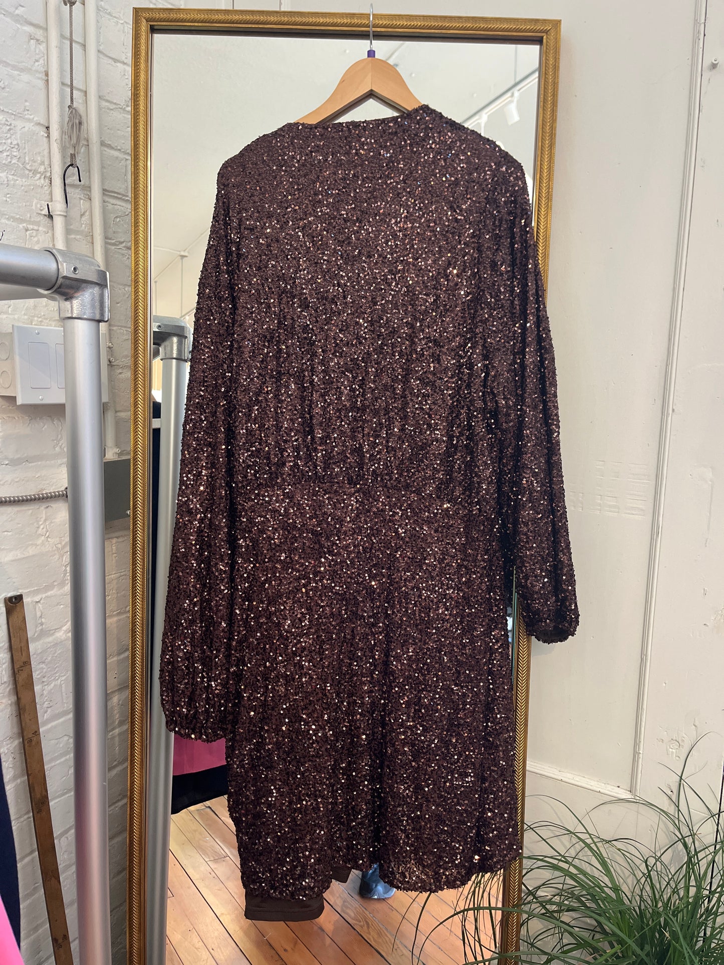 Never Fully Dressed brown sequinned wrap style dress US 24