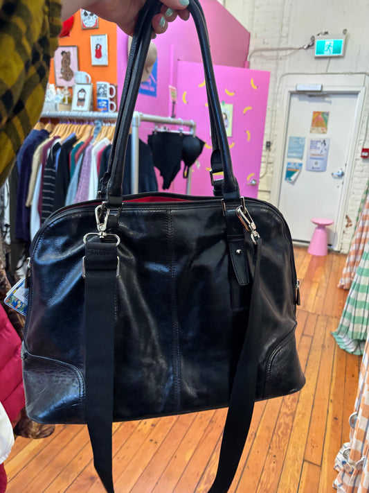 big black with red satin AS IS VINTAGE Danier Leather purse - cross boxy