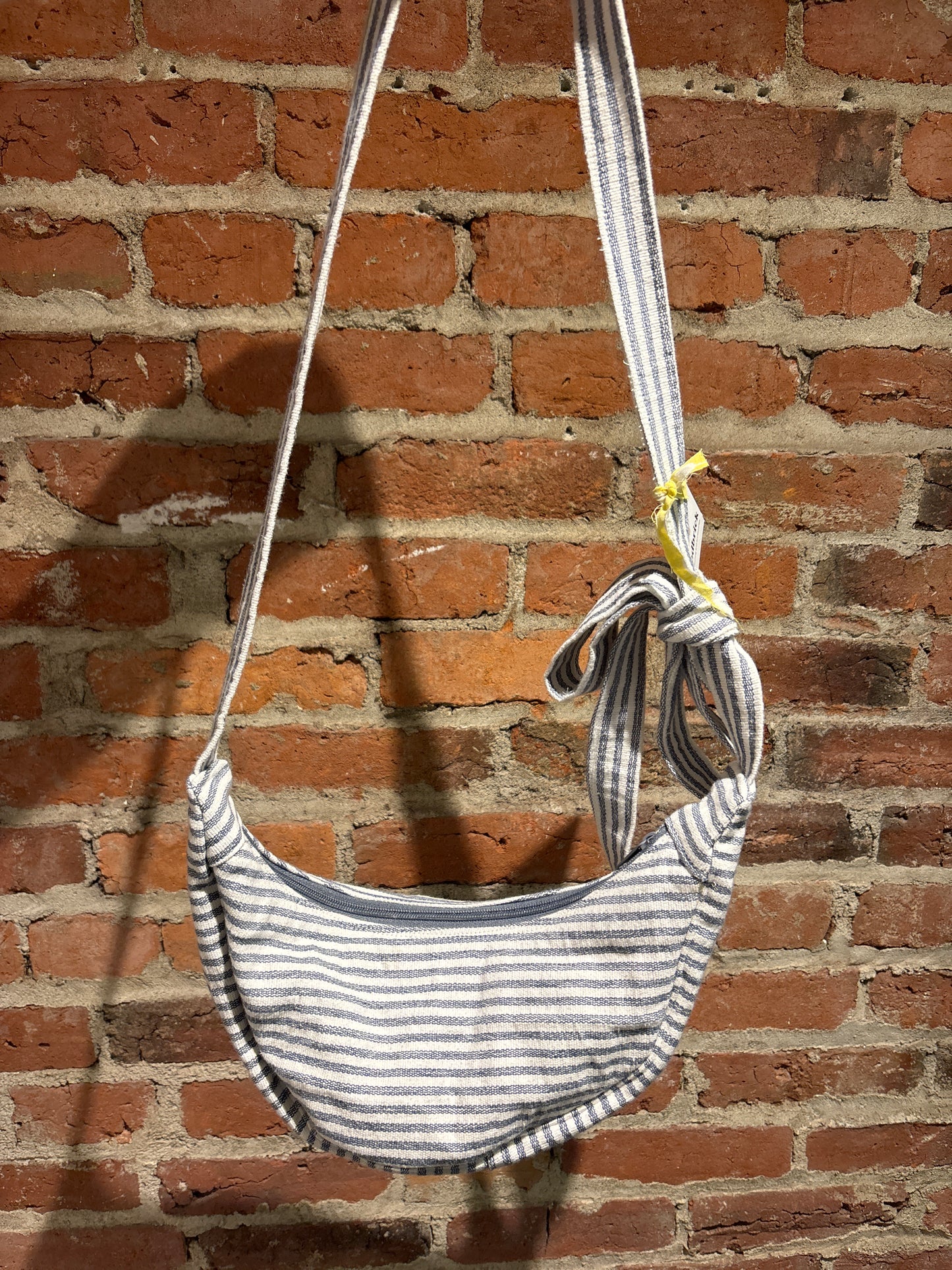 small crescent railroad denim with bow strap Woodbricks MAKER