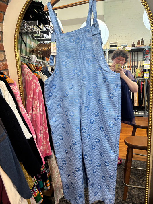 Blue jacquard dungarees by Woodbricks - tagged a size 3X but small fit