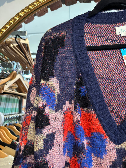 size 2X blue with red knit Anthropologie  cardigan - boxy
