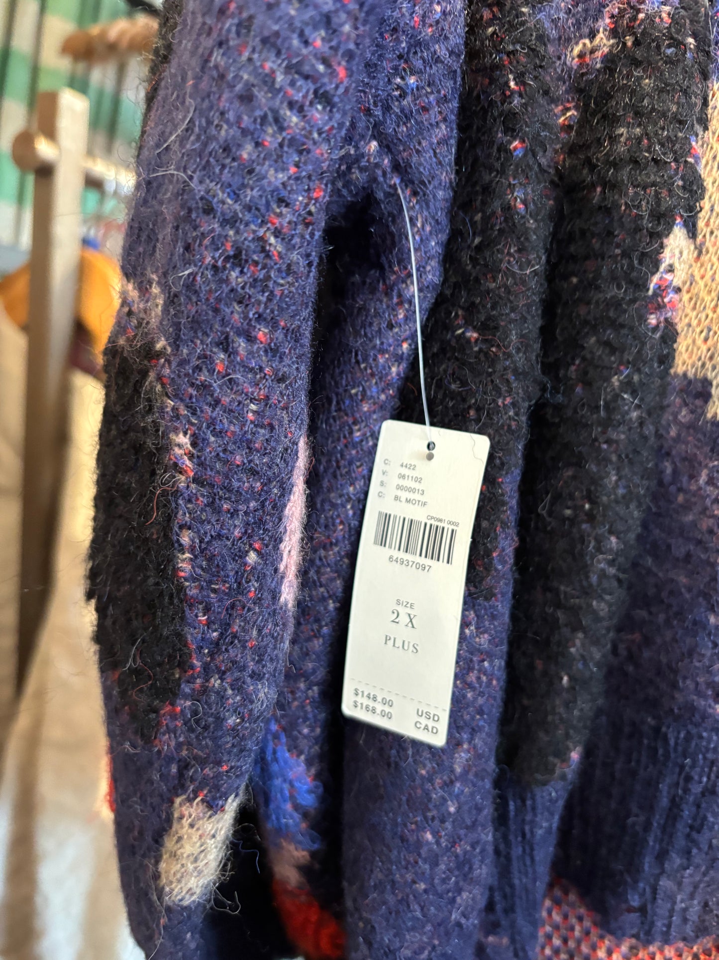 size 2X blue with red knit Anthropologie  cardigan - boxy