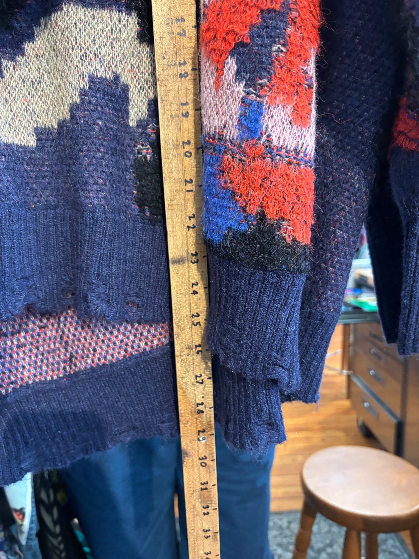 size 2X blue with red knit Anthropologie  cardigan - boxy