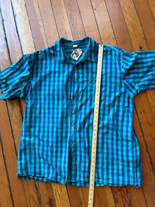 Size 2X tall blue-teal check Cotton Button-up
