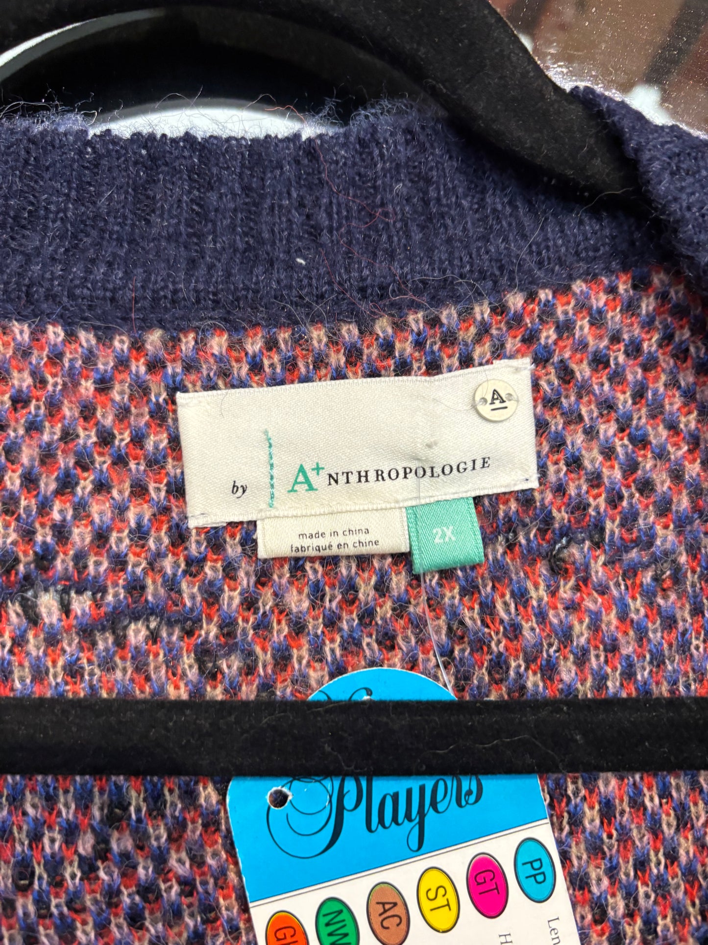 size 2X blue with red knit Anthropologie  cardigan - boxy