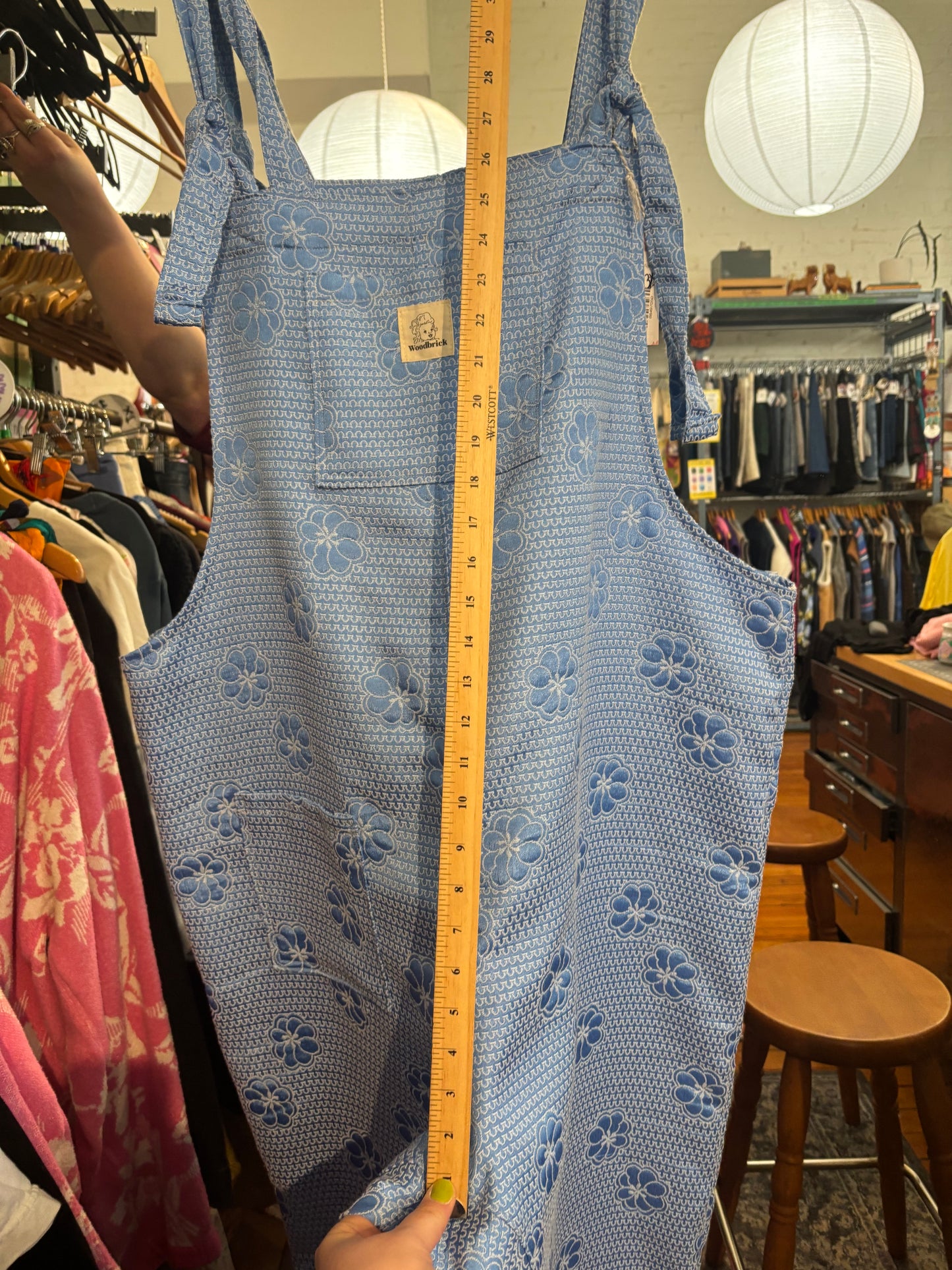 Blue jacquard dungarees by Woodbricks - tagged a size 3X but small fit