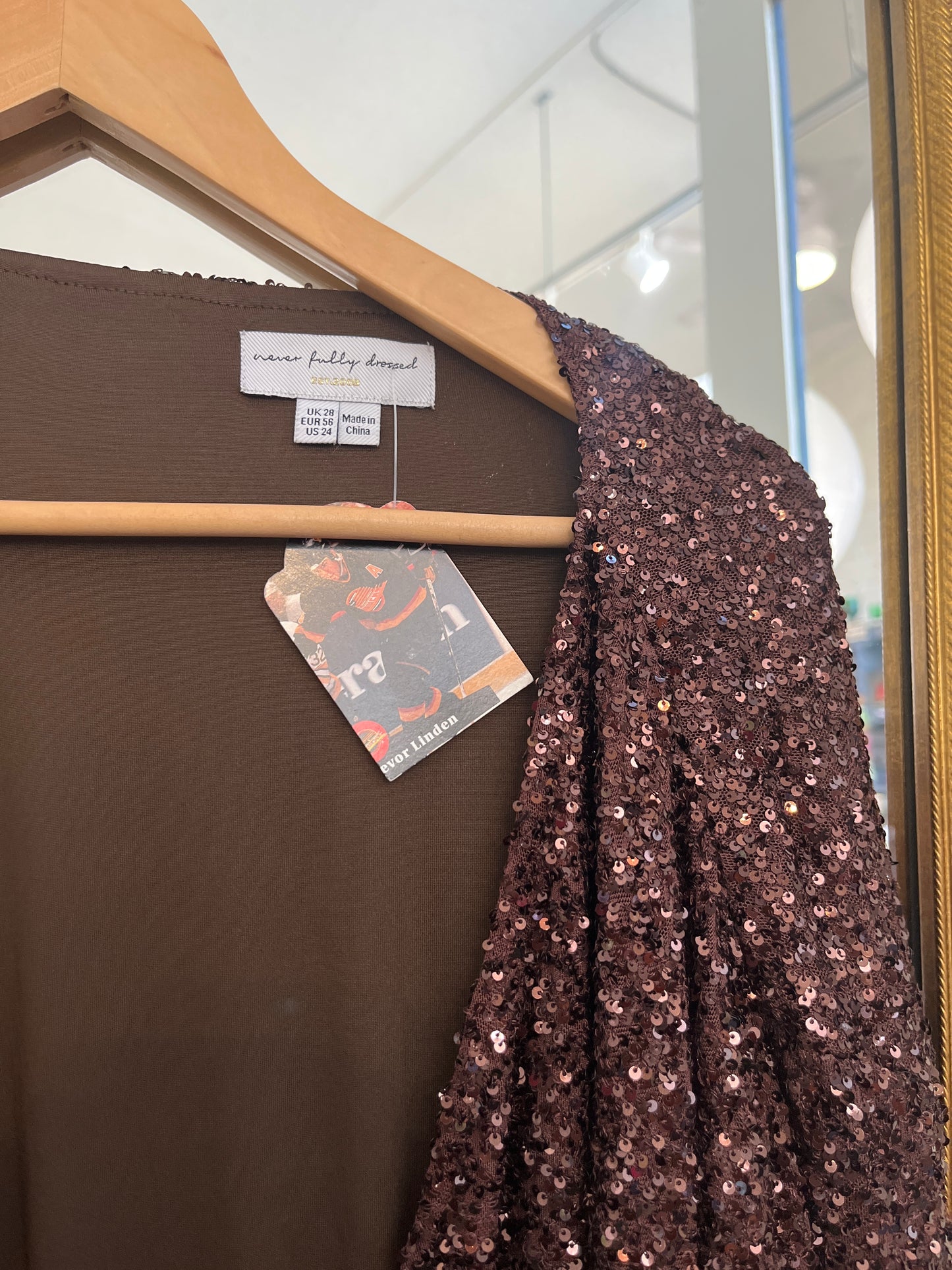 Never Fully Dressed brown sequinned wrap style dress US 24