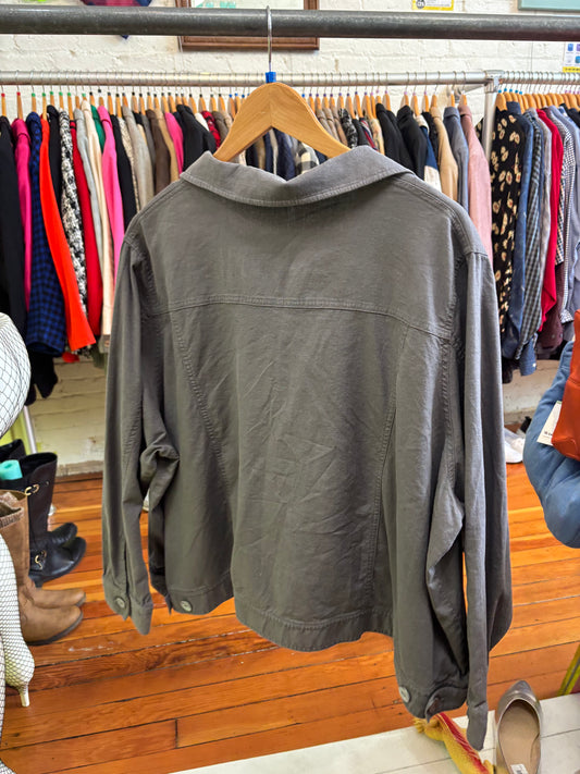 size 2X grey linen abalone buttons Blue Sky crop jacket