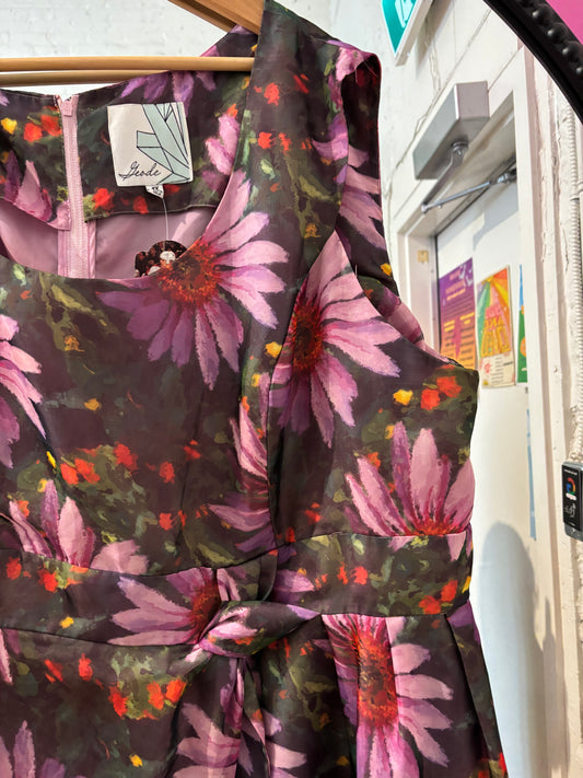 size 4X floral big purple green geode dress- knee