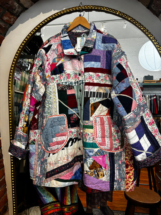 size 3X quilt jacket - crazy quilt with silk facings - by Woodblock