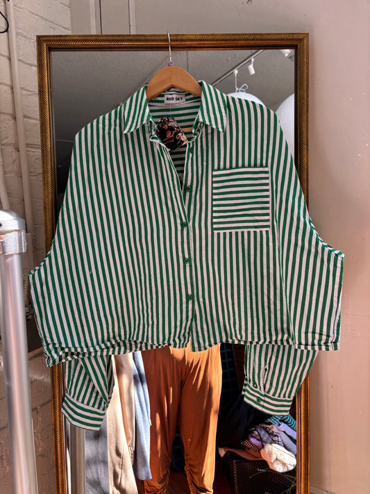 size flex green white stripe Red Sky button-up crop