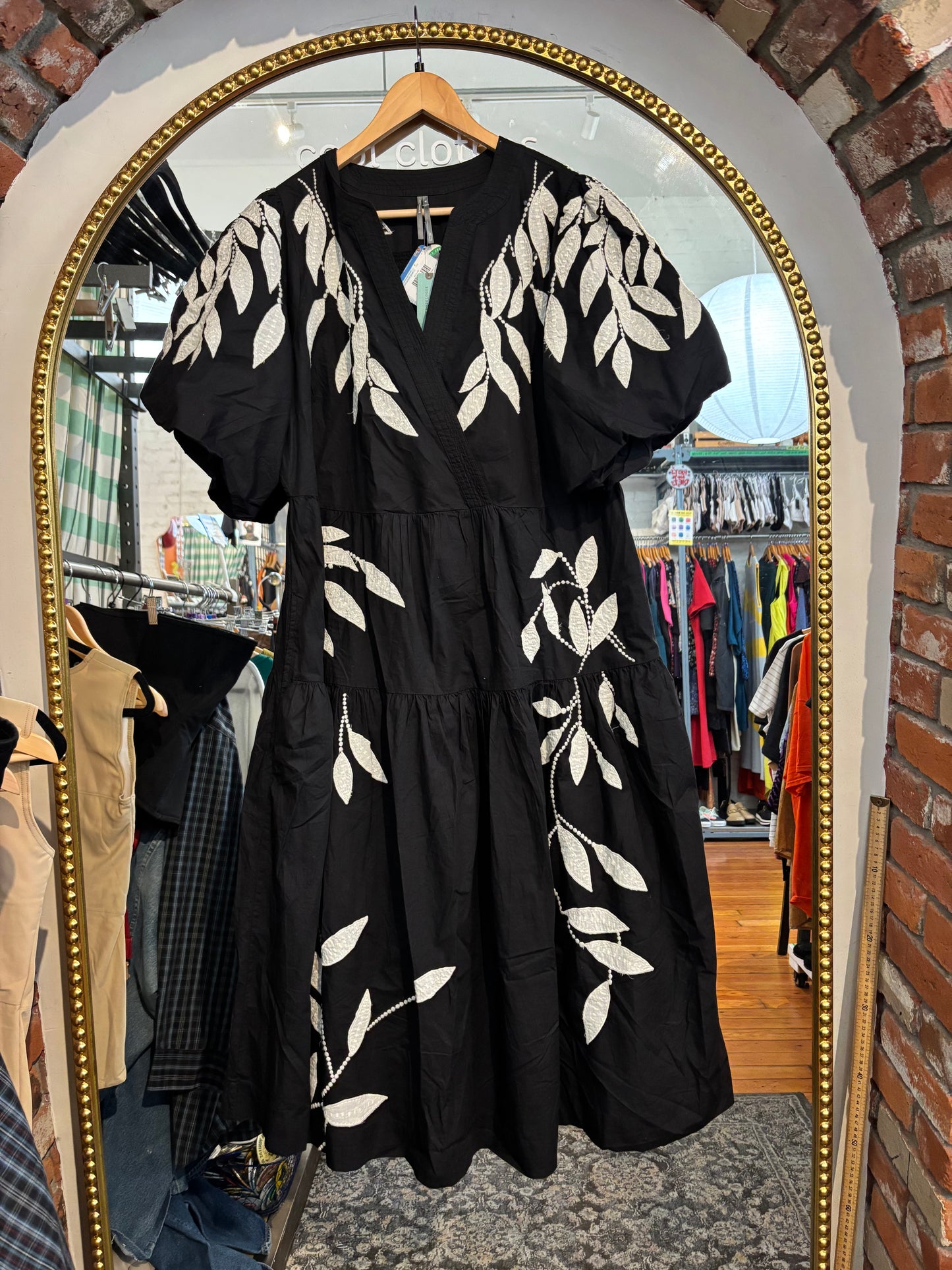 size 1X Anthropologie black cotton white embroidery dress