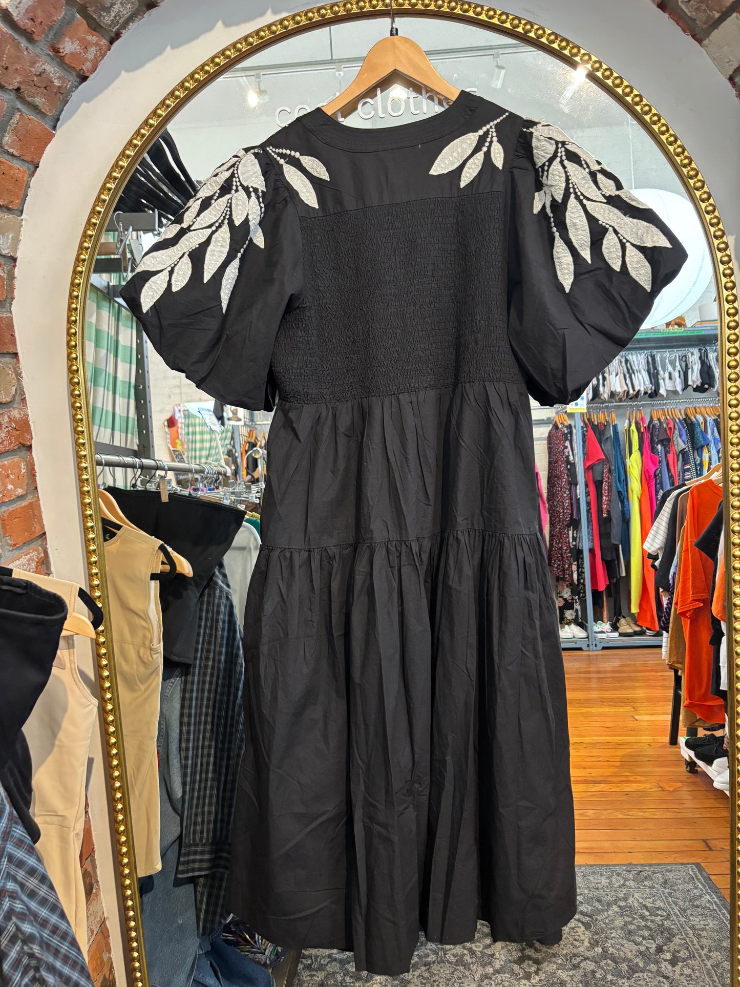 size 1X Anthropologie black cotton white embroidery dress