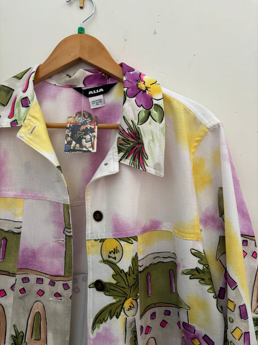 Size 18 White with green and yellow and purple troupical scene painted on ALIA Jacket