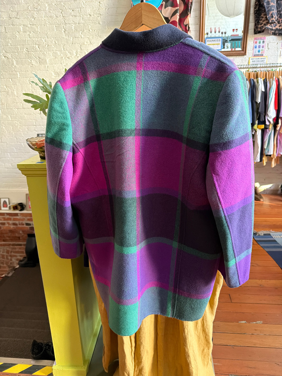 AS IS (wear) size XLish MERINO WOOL blend purple teal plaid VINTAGE jacket - buttons