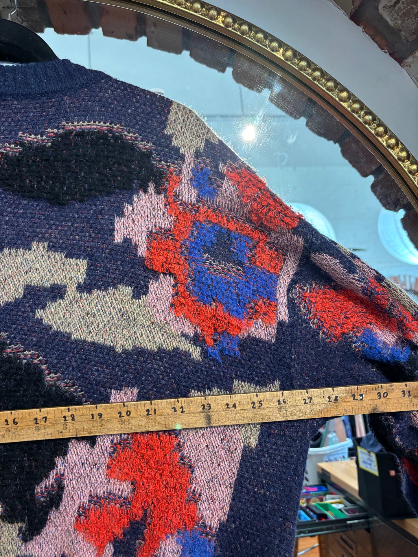 size 2X blue with red knit Anthropologie  cardigan - boxy