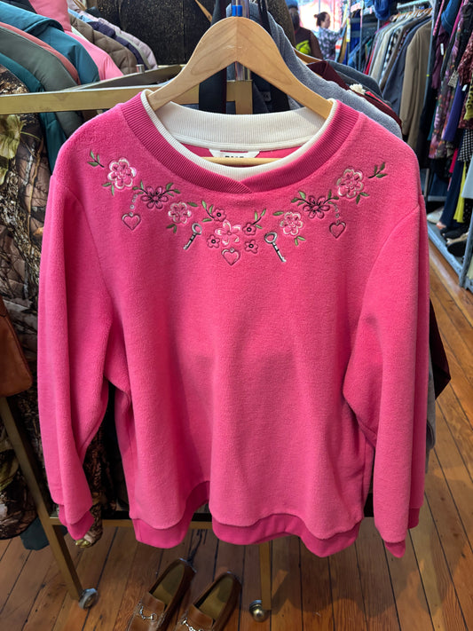 size 20 pink fleece flower embroidery vintage Alia sweater - fleece