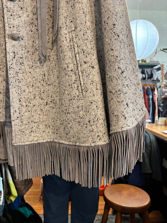 flex size grey speck with suede tassle Pioneer Wear vintage poncho cape