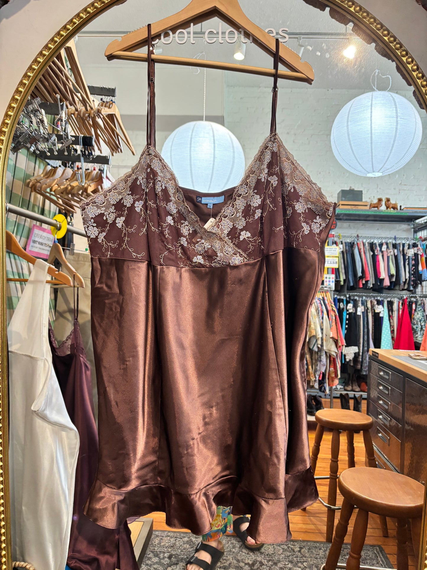 AS IS size 5X brown satin blue lace VINTAGE P Intimates dress - 90s slip dress