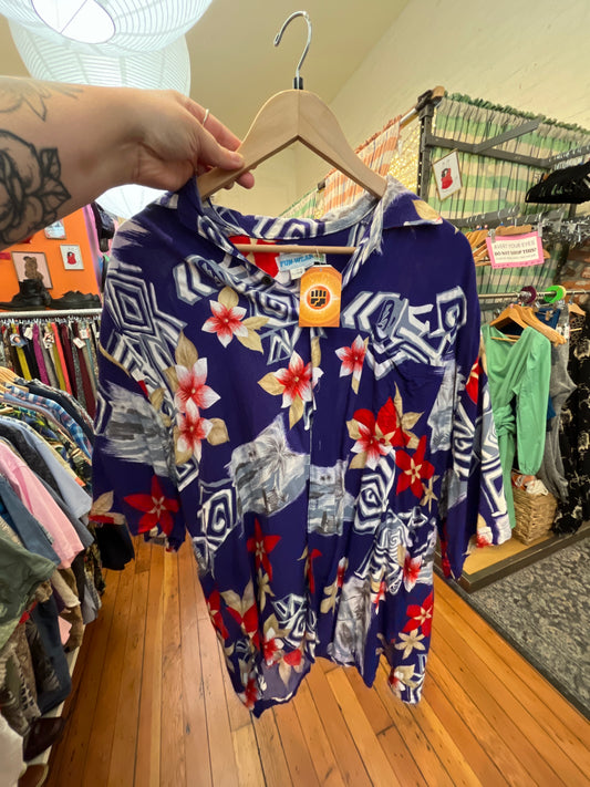 AS IS size XXL blue florals VINTAGE Fun Wear top - hawaiian