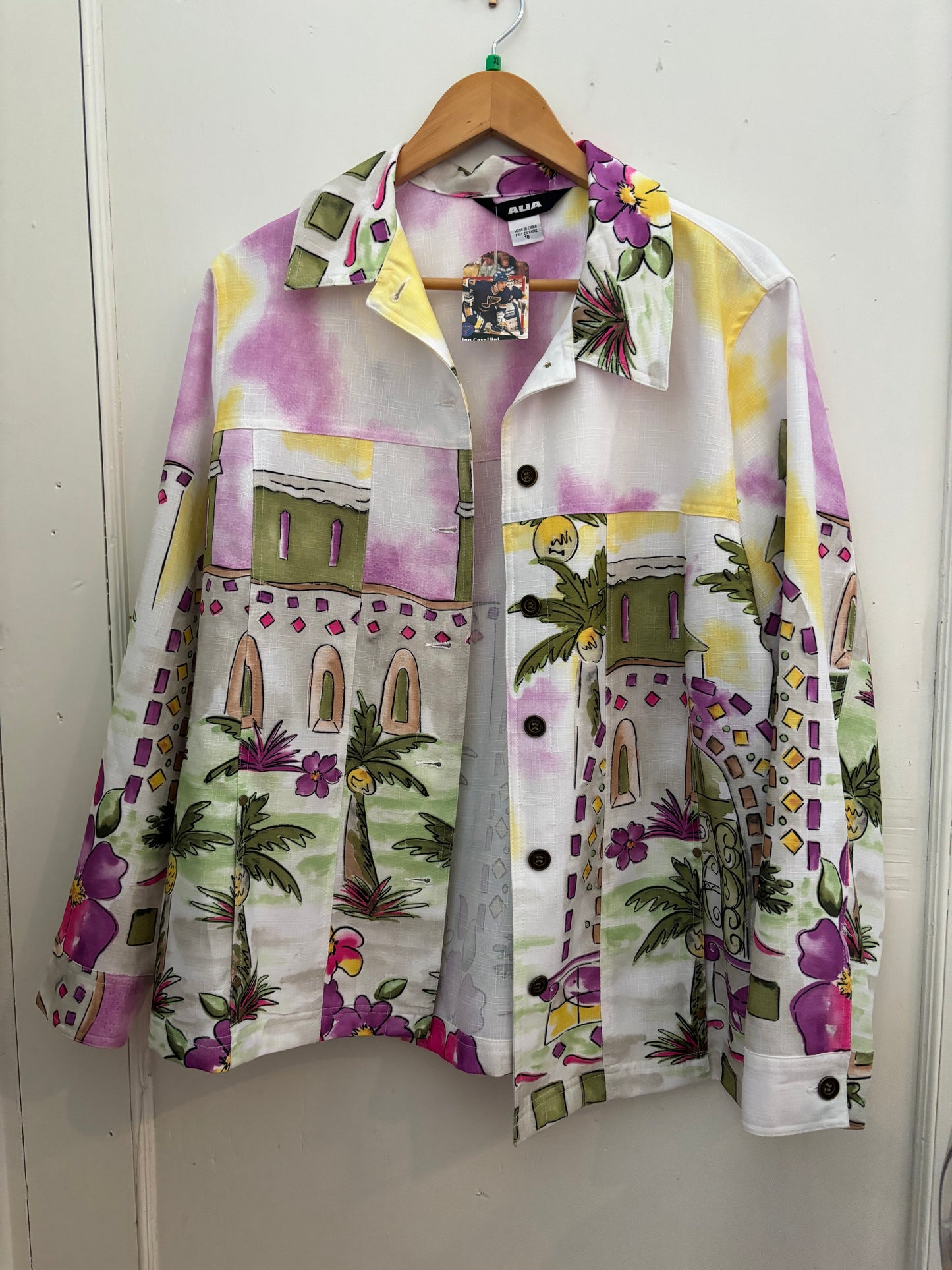 Size 18 White with green and yellow and purple troupical scene painted on  ALIA Jacket