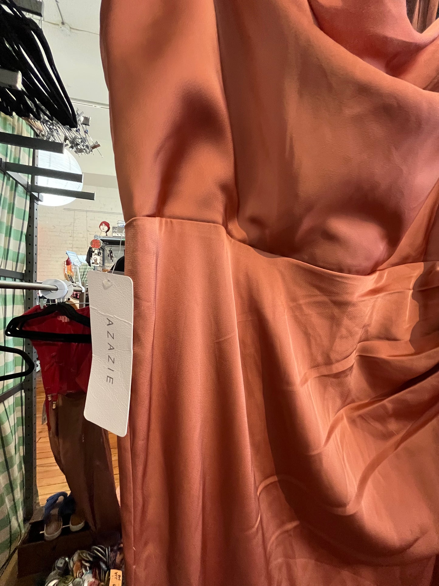 Azazie metallic pink swoopy bridesmaid dress size 18