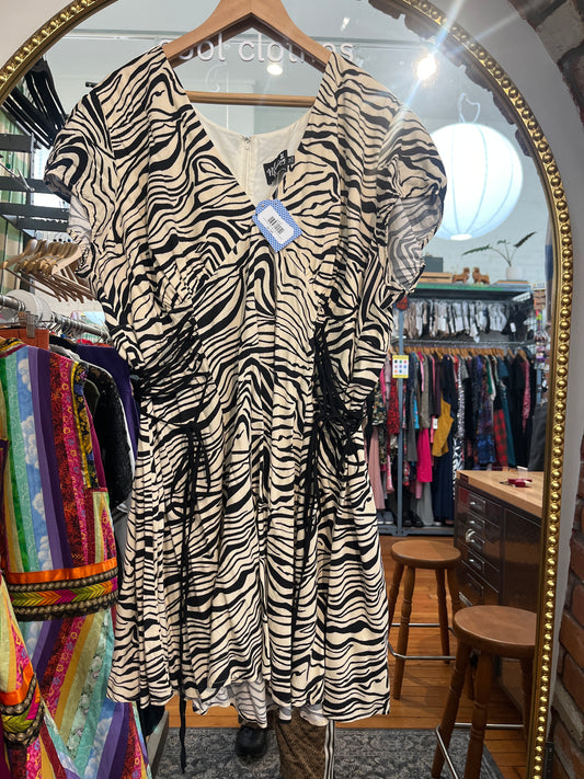 size 5X UK 24 (22) cream black zebra ties Hell Bunny dress - knee