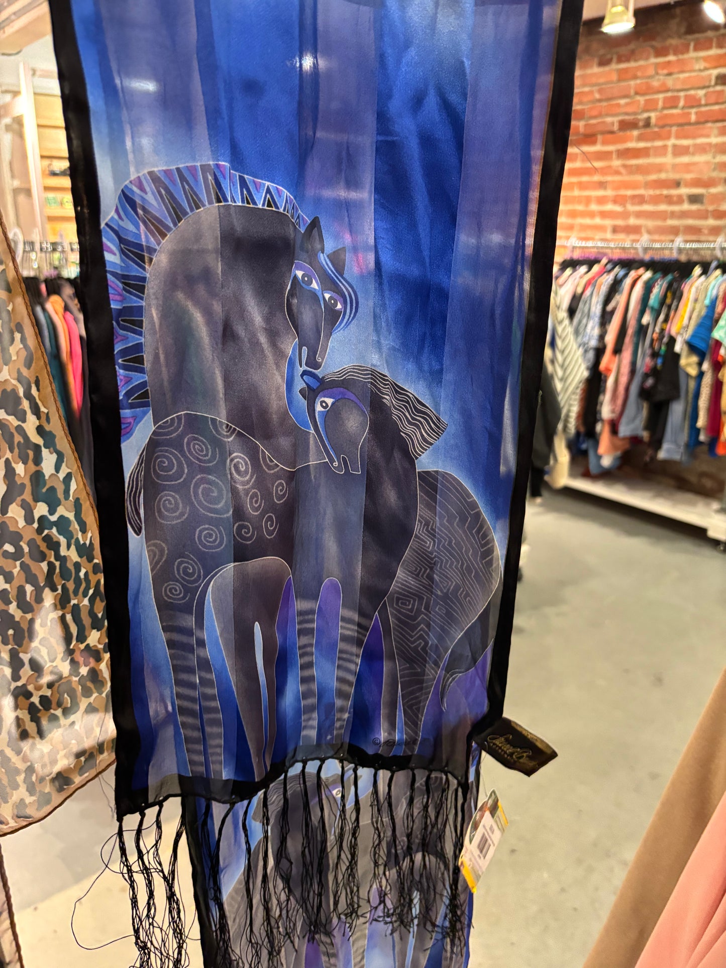 small blue silk vintage Laurel Burch horse scarf