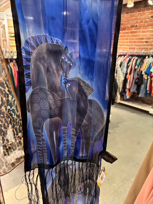 small blue silk vintage Laurel Burch horse scarf