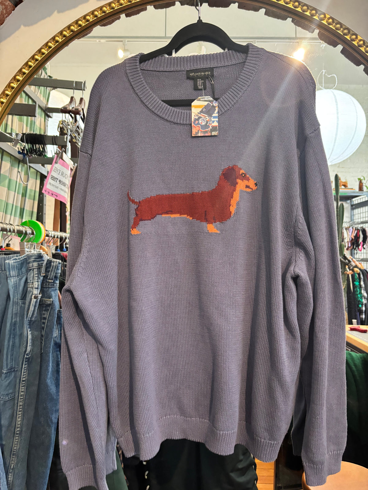 size XL dusty blue with wiener dog COTTON Art of Rheotoric sweater - knit