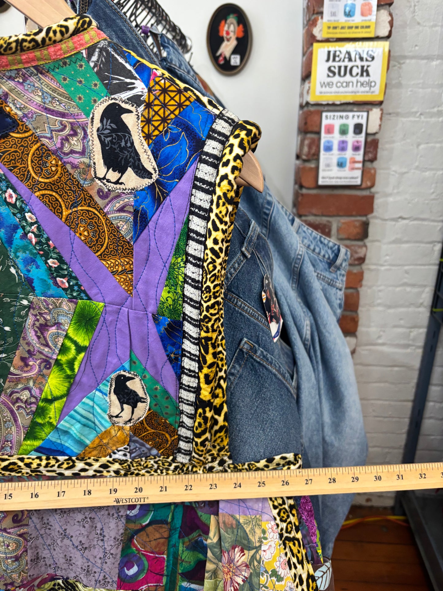 Locally made purple leopard raven quilted vest jacket Wych Works 3 button