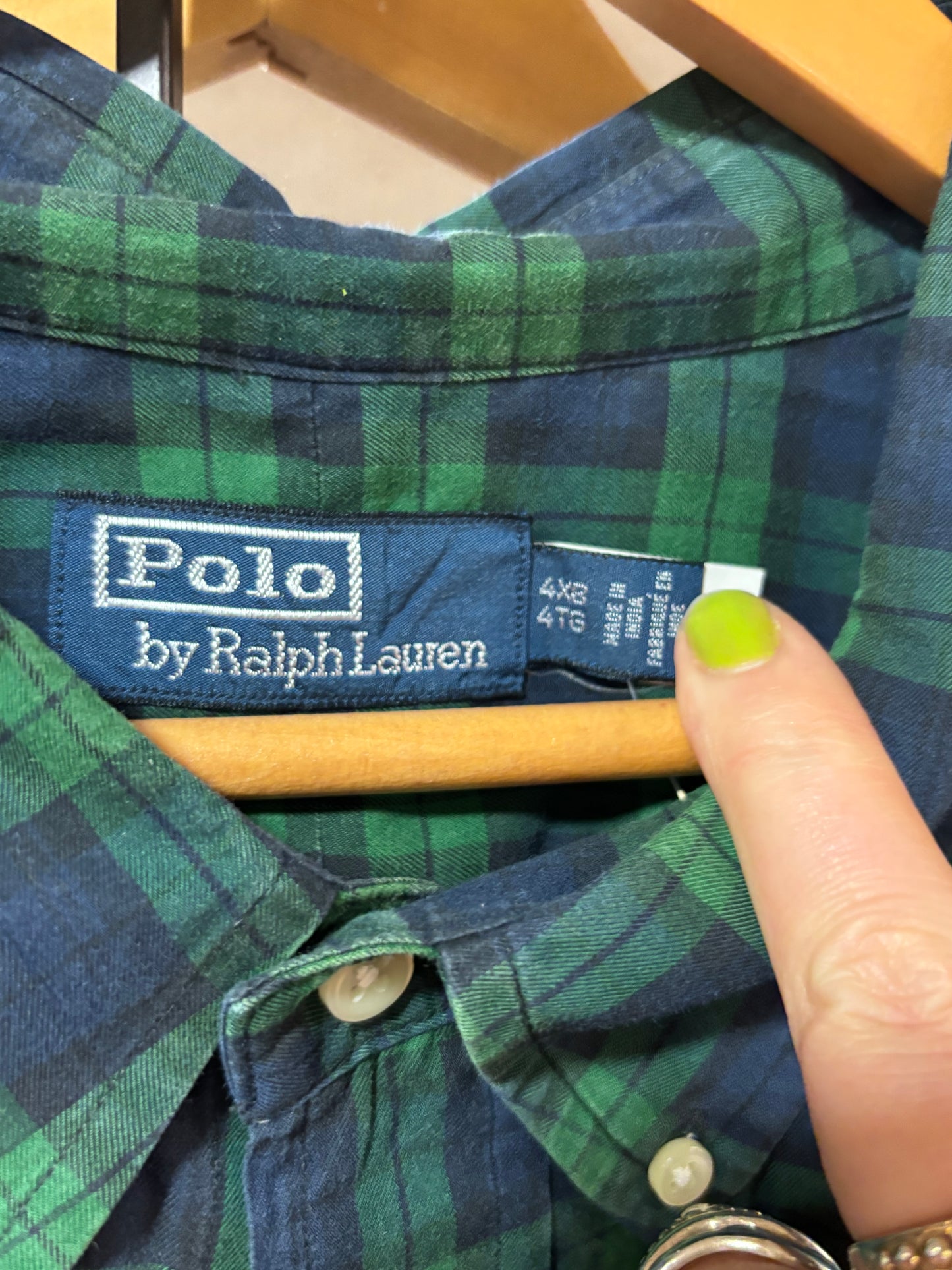 Size 4XB navy green plaid Ralph Lauren long - button up