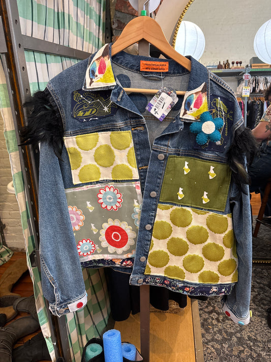 Size XL dark wash with floral Ricochet Designs jean jacket