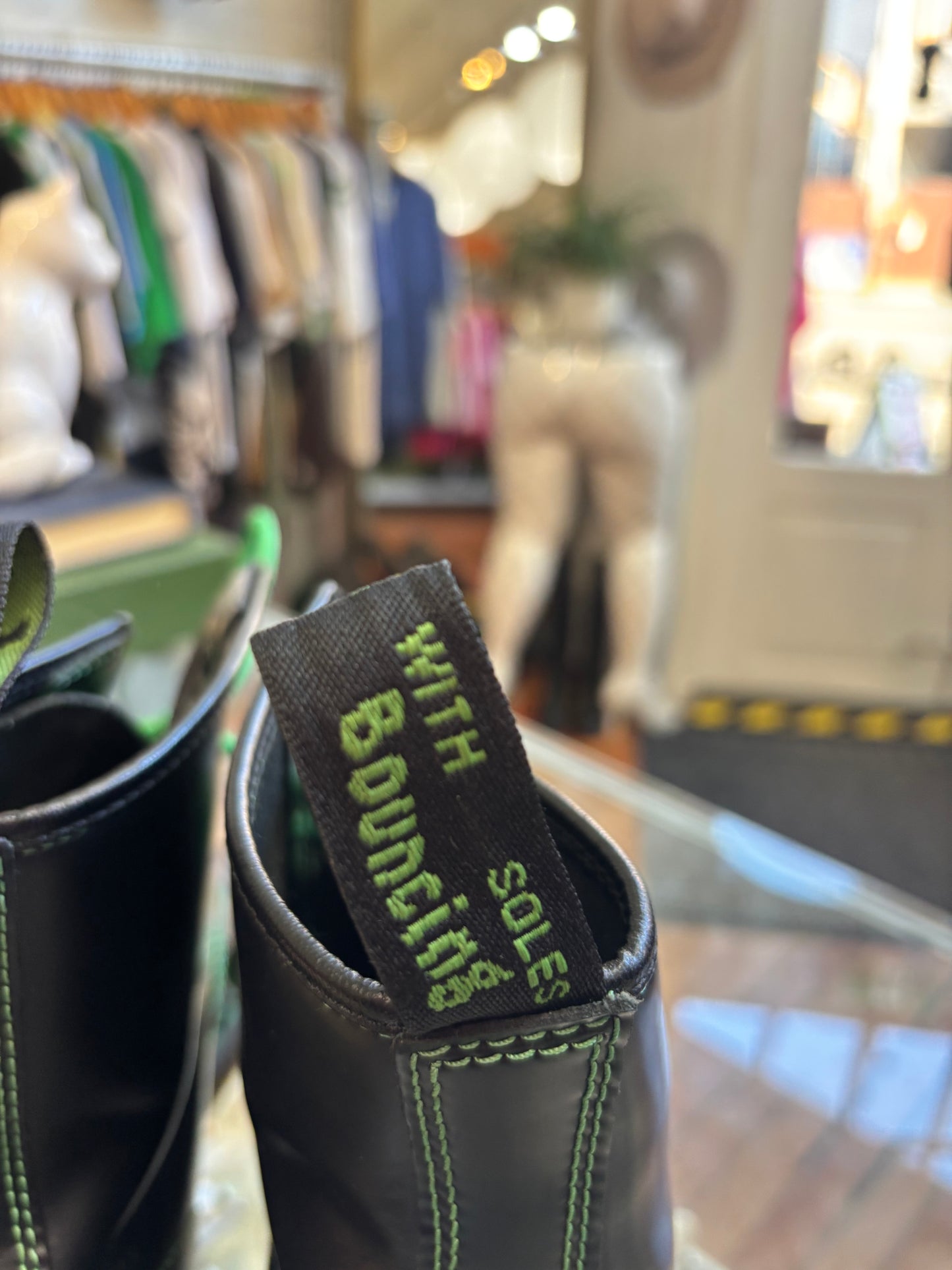 Size 42 Doc Martens 1460 contrast stitch leather boots black with green