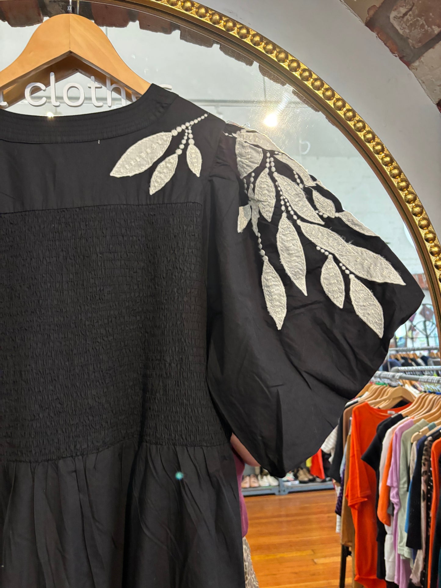 size 1X Anthropologie black cotton white embroidery dress
