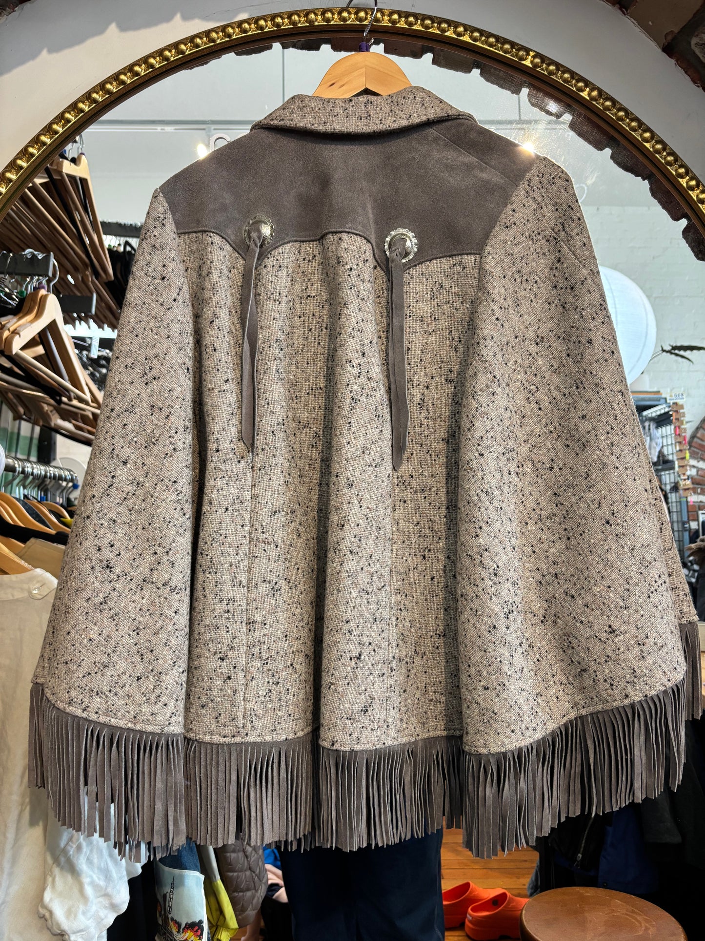 flex size grey speck with suede tassle Pioneer Wear vintage poncho cape