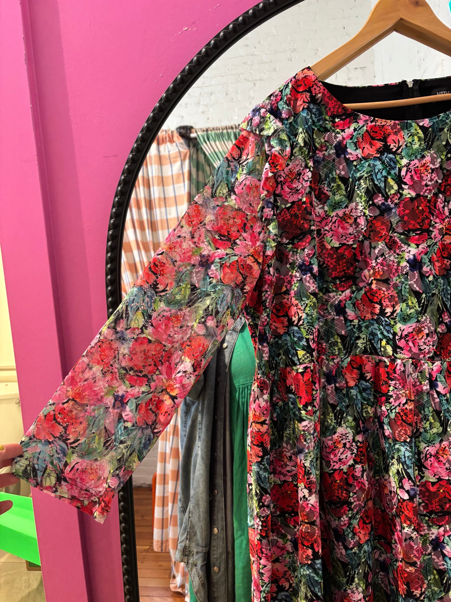 size 22 red poink floral meshy lace Little Mistress dress - midi