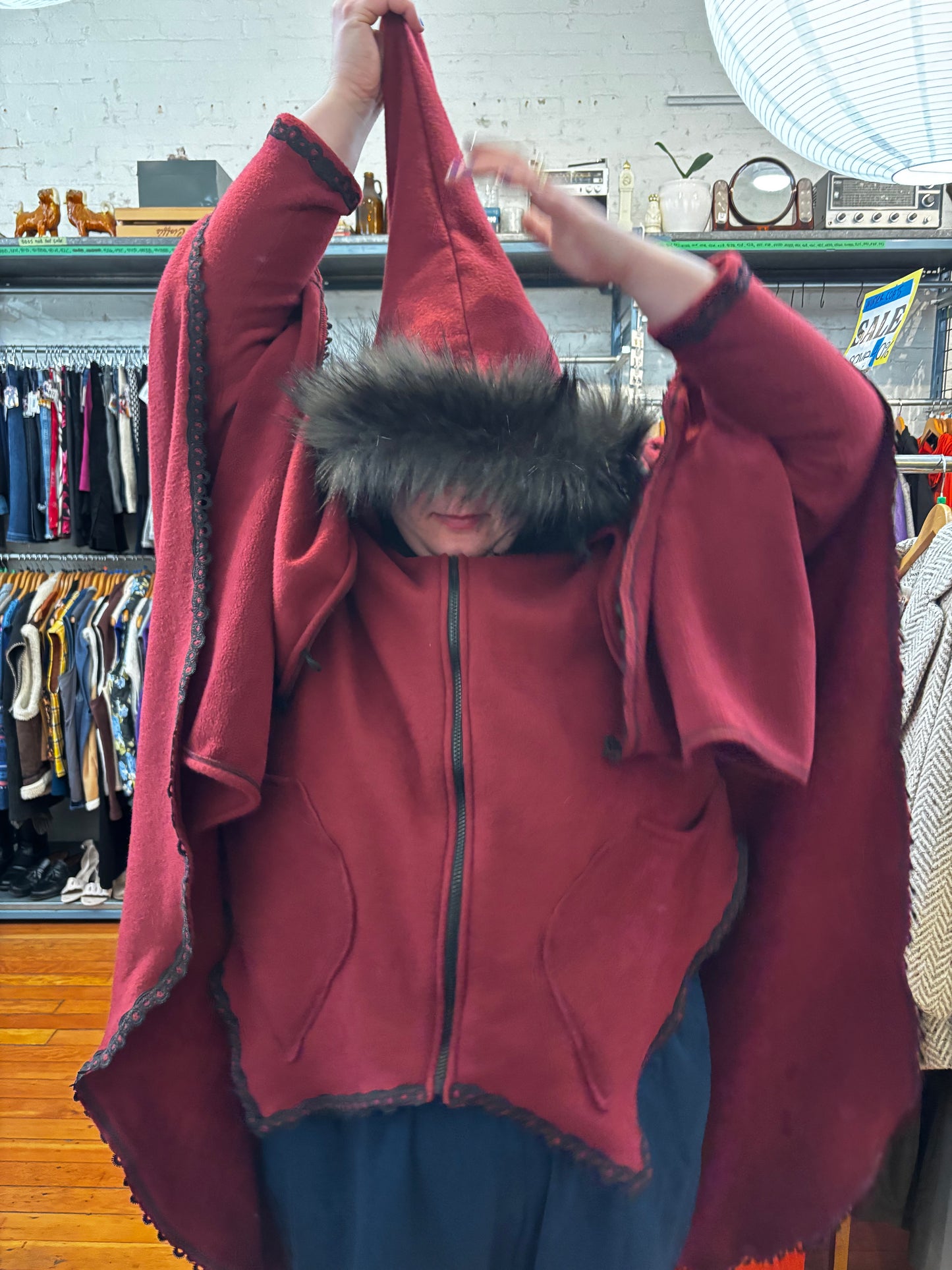 size 2X burgundy fleece cape Funki Fairie jacket - with detachable cap