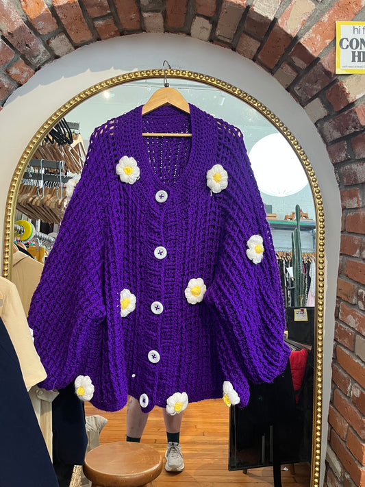 Open size purple daisy floral Maker cardigan