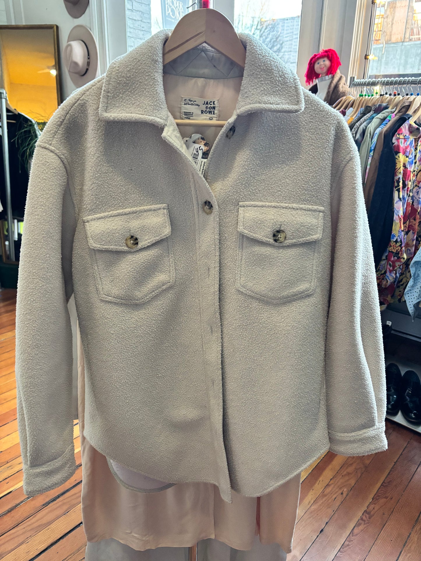 size L cream fuzzy Jackson Rowe shacket