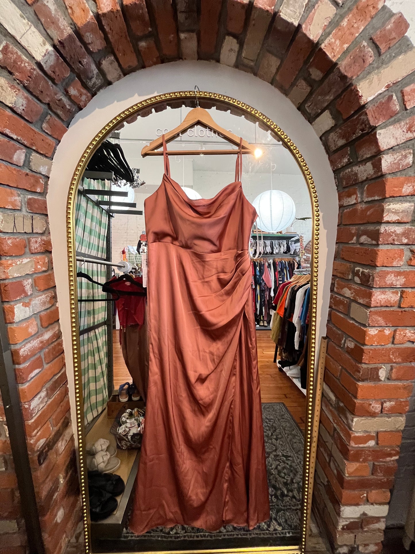 Azazie metallic pink swoopy bridesmaid dress size 18